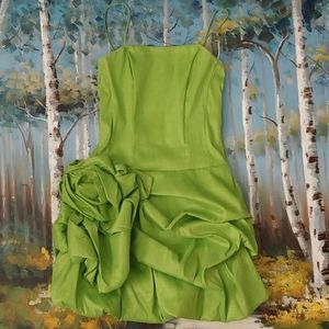 Lime Green Spaghetti-Strap Prom Dress with Rosette Accent